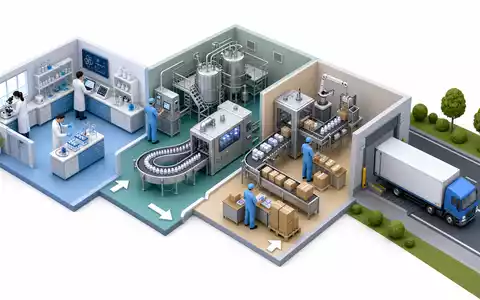 Almirall S.A. (ES0157097017) veranschaulicht isometrisch die Pharma-Wertschöpfungskette von Labor bis Vertrieb detailliert - Foto: THN
