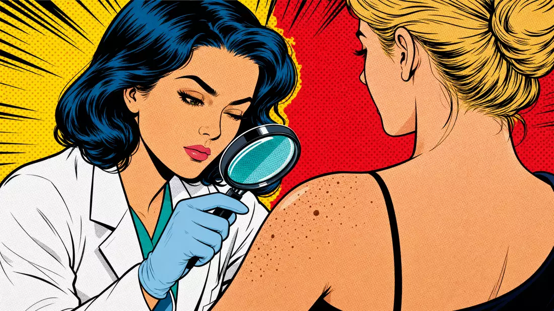 Pop-Art-Comic einer Dermatologin, die mit Lupe die Haut einer Patientin untersucht