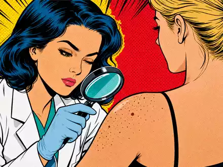 Almirall S.A. (ES0157097017) inspiriert Pop-Art-Comic-Szene einer Dermatologin bei Hautuntersuchung mit Lupe, farbenfroh - Foto: THN