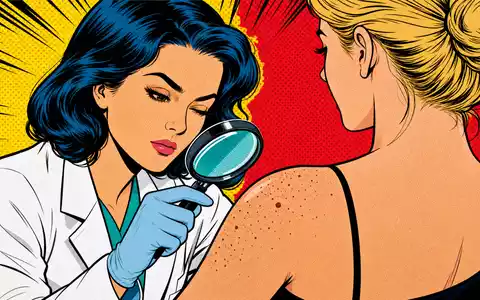 Almirall S.A. (ES0157097017) inspiriert Pop-Art-Comic-Szene einer Dermatologin bei Hautuntersuchung mit Lupe, farbenfroh - Foto: THN