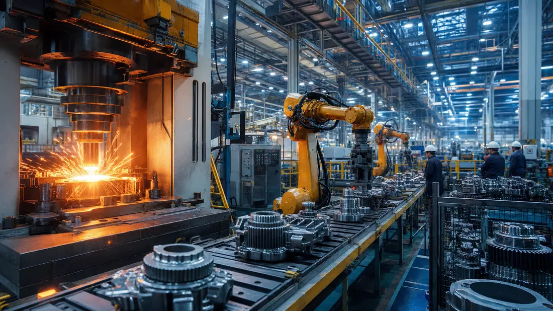 Industrielle Fertigungshalle mit Metall-Schmiedeteilen und Automatisierung