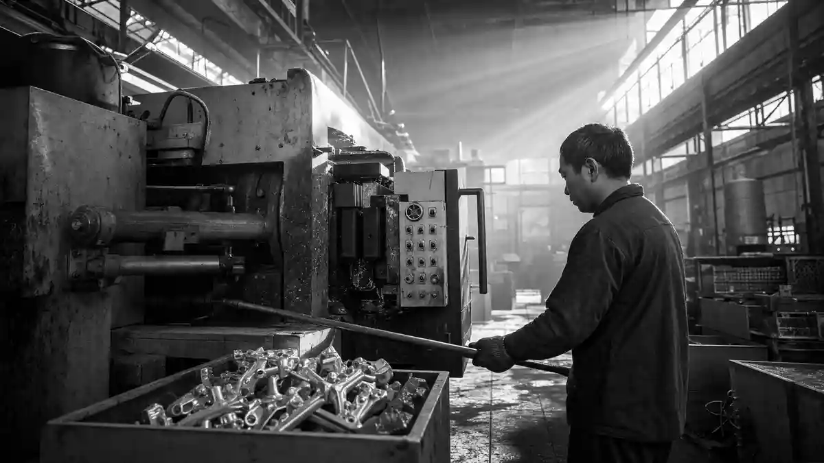 Schwarzweiß-Dokumentarfoto einer Metallguss-Fertigungsanlage mit Arbeitern