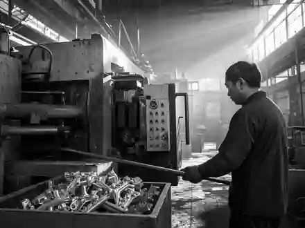 Dokumentarische Schwarzweiß-Reportage der CIE Automotive S.A. (ISIN ES0105630315) zeigt Arbeiter an Aluminium-Gussanlage - Foto: THN