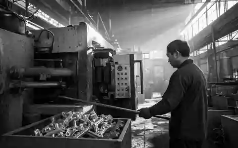 Dokumentarische Schwarzweiß-Reportage der CIE Automotive S.A. (ISIN ES0105630315) zeigt Arbeiter an Aluminium-Gussanlage - Foto: THN