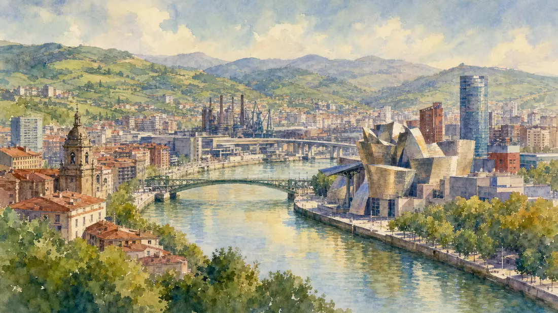 Aquarellbild der Stadt Bilbao mit Fluss und Bergen im Hintergrund
