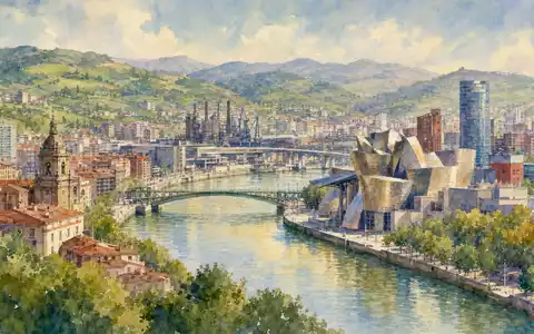 Aquarellmalerei der Stadt Bilbao mit Fluss und Industriegebiet zeigt CIE Automotive S.A. (ISIN ES0105630315) - Foto: THN
