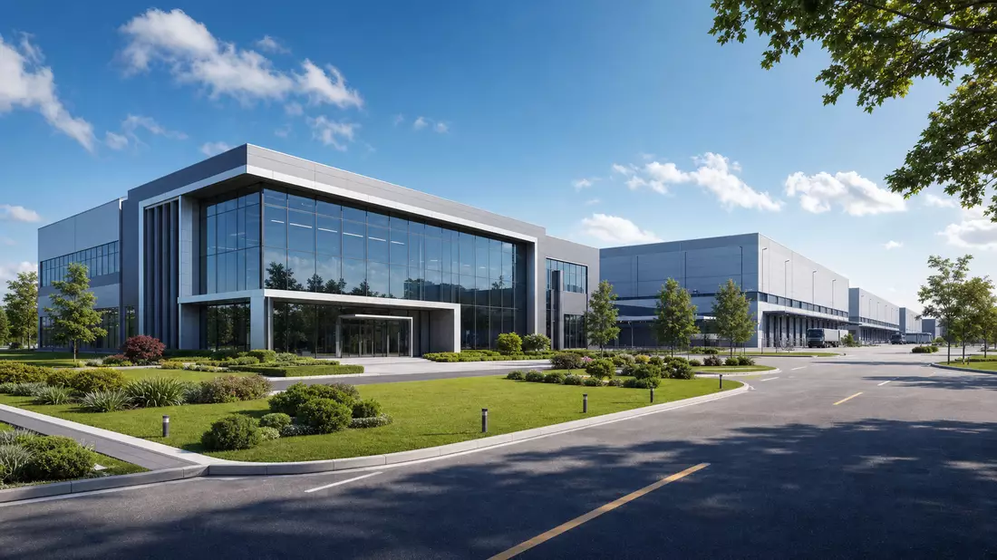 Architektonisches 3D-Render eines modernen Fabrik- und Bürogebäudes