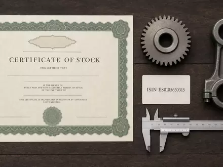 Flatlay-Arrangement mit Aktienzertifikat, ISIN-Karte und Metallbauteilen repräsentiert Aktie von CIE Automotive S.A. (ISIN ES0105630315) - Foto: THN