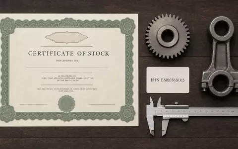 Flatlay-Arrangement mit Aktienzertifikat, ISIN-Karte und Metallbauteilen repräsentiert Aktie von CIE Automotive S.A. (ISIN ES0105630315) - Foto: THN