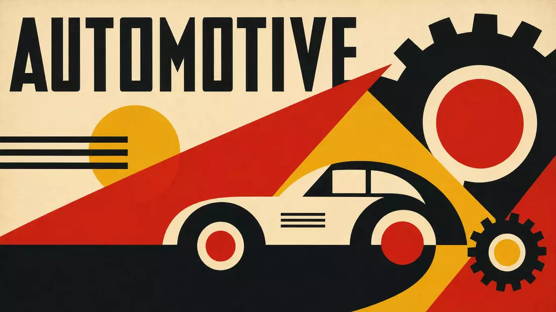Geometrisches Bauhaus-Plakat mit Zahnrad-Motiv und Sektor-Schriftzug