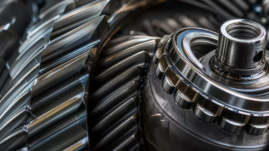 Makrofoto von präzisen Metallzahnrädern eines Getriebebauteils