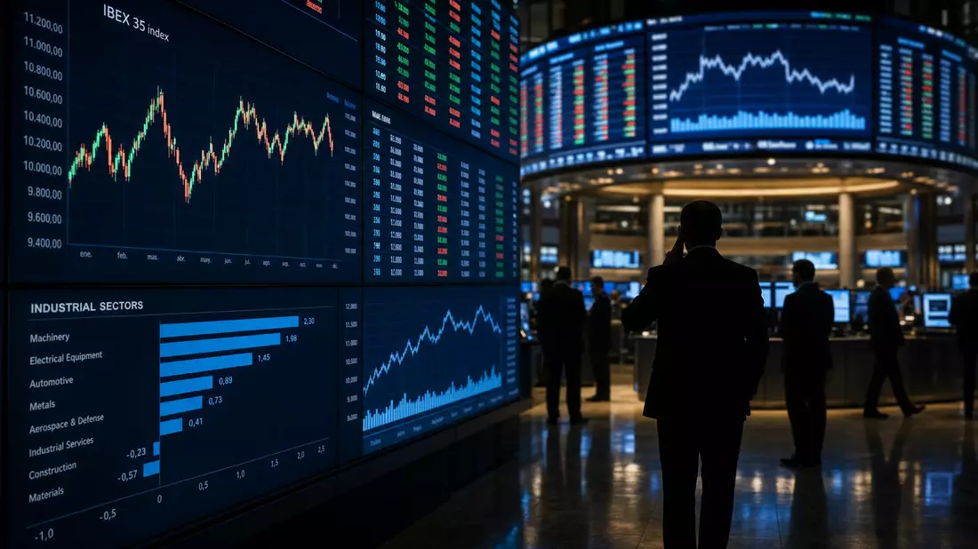Editorial-Bild eines Handelsraums mit Börsenkurven und Industrie-Charts