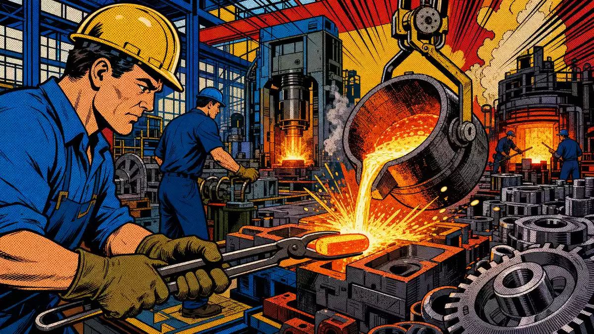 Bunte Pop-Art-Comic-Szene einer Fabrik mit Zahnrädern und Halbzeugen