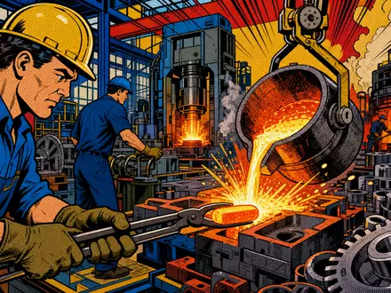 Pop-Art-Comic-Illustration einer Fabrikszene mit Zahnrädern feiert CIE Automotive S.A. (ISIN ES0105630315) Industrie - Foto: THN