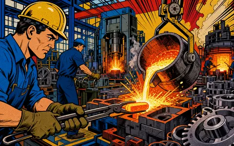 Pop-Art-Comic-Illustration einer Fabrikszene mit Zahnrädern feiert CIE Automotive S.A. (ISIN ES0105630315) Industrie - Foto: THN