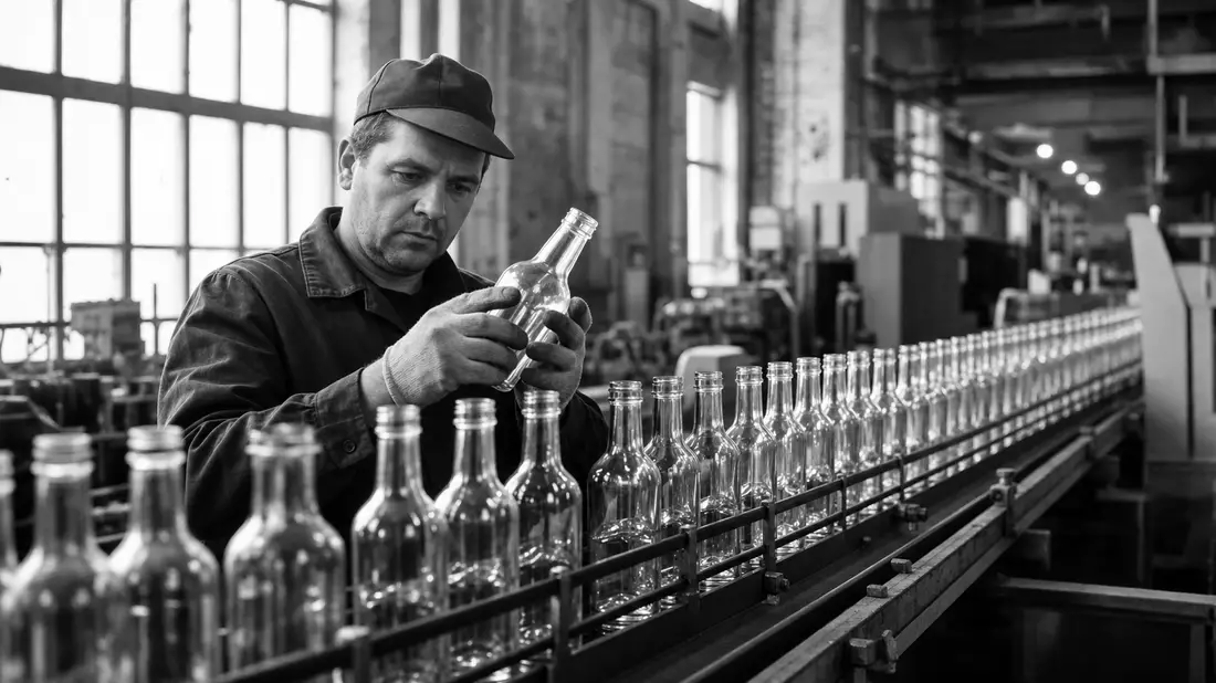 Schwarzweiß-Dokumentarfoto eines Arbeiters mit unmarkierten Glasflaschen an einer Fabrik-Fließbandlinie