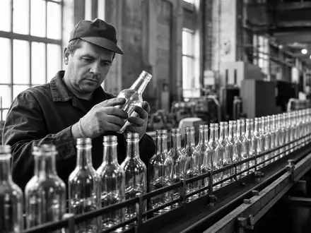 Schwarzweiß-Reportage dokumentiert Getränkeproduktion bei The Coca-Cola Company US1912161007 mit Arbeiter und unmarkierten Glasflaschen an Fließband - Foto: THN