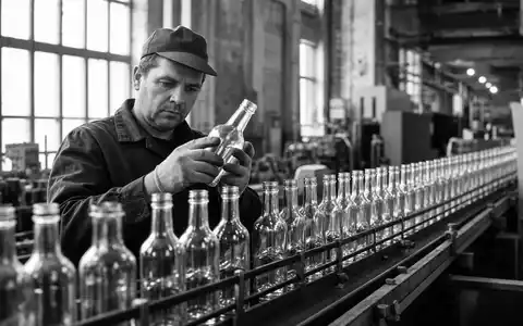 SchwarzweiĂ-Reportage dokumentiert GetrĂ€nkeproduktion bei The Coca-Cola Company US1912161007 mit Arbeiter und unmarkierten Glasflaschen an FlieĂband - Foto: THN