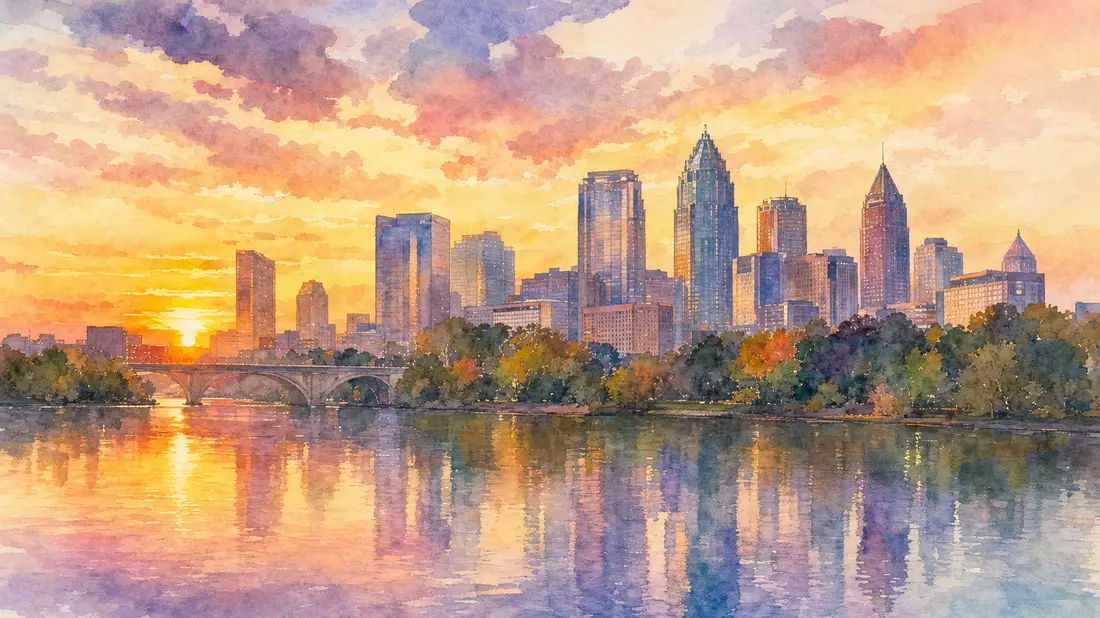 Aquarellmalerei der Atlanta Skyline bei Sonnenuntergang mit Spiegelung im Fluss