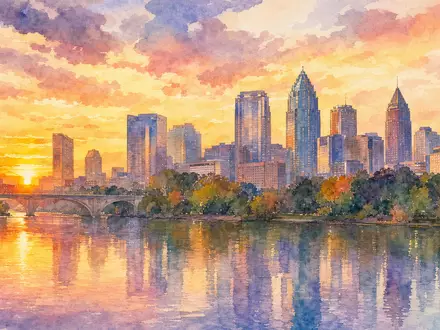 Aquarellmalerei zeigt Atlanta Skyline bei Sonnenuntergang als Heimatstadt von The Coca-Cola Company US1912161007 gespiegelt - Foto: THN