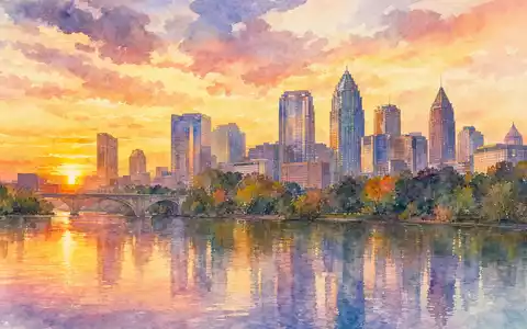 Aquarellmalerei zeigt Atlanta Skyline bei Sonnenuntergang als Heimatstadt von The Coca-Cola Company US1912161007 gespiegelt - Foto: THN