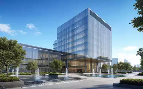 Architektur-Render zeigt modernen Glasturm als Hauptsitz-Symbol fĂŒr The Coca-Cola Company US1912161007 mit Brunnen davor - Foto: THN