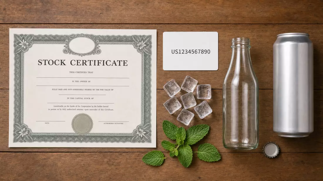 Flatlay mit Aktienzertifikat, ISIN-Karte und unmarkierter Glasflasche auf Holztisch