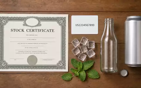 Flatlay mit Aktienzertifikat und ISIN-Karte symbolisiert Investment in The Coca-Cola Company US1912161007 neben unmarkierter Flasche - Foto: THN