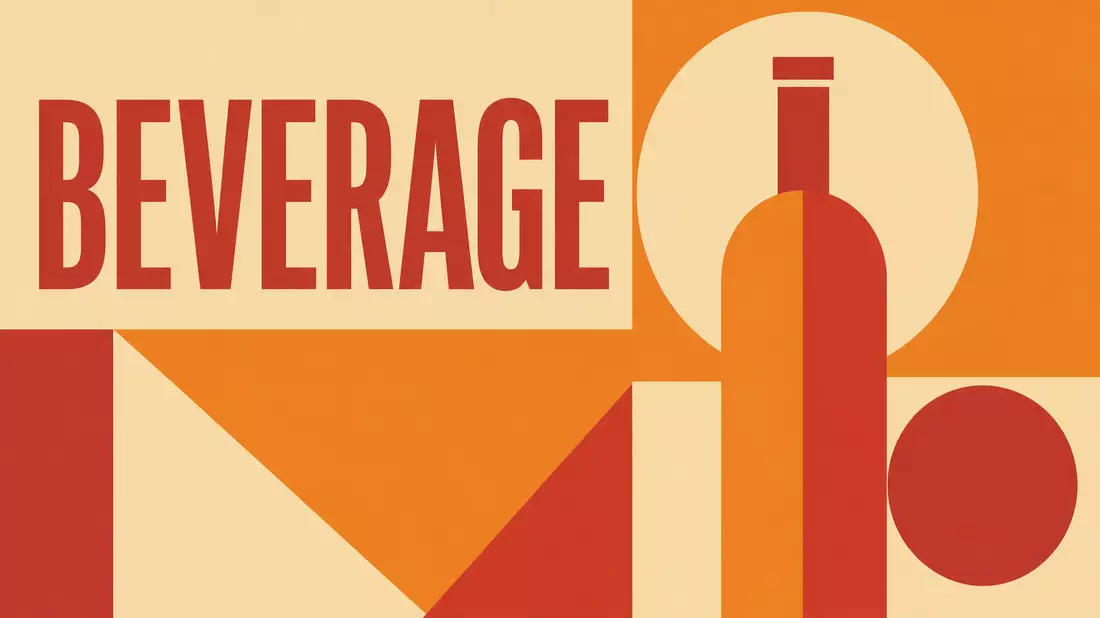Bauhaus-Poster mit geometrischer Flaschenform und Text BEVERAGE in Orange- und Rottönen