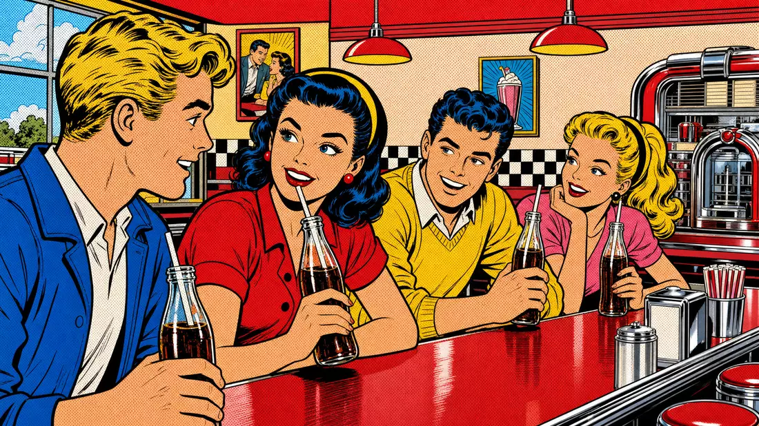 Pop-Art-Comic-Illustration einer fröhlichen Dinerszene mit unmarkierten Glasflaschen