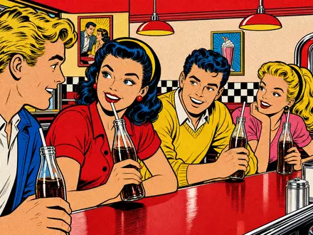Pop-Art-Comic zeigt fröhliche Dinerszene mit unmarkierten Flaschen als Hommage an The Coca-Cola Company US1912161007 - Foto: THN