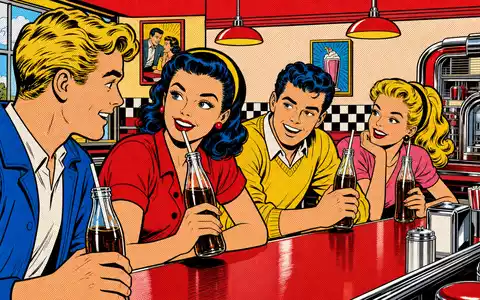 Pop-Art-Comic zeigt fröhliche Dinerszene mit unmarkierten Flaschen als Hommage an The Coca-Cola Company US1912161007 - Foto: THN