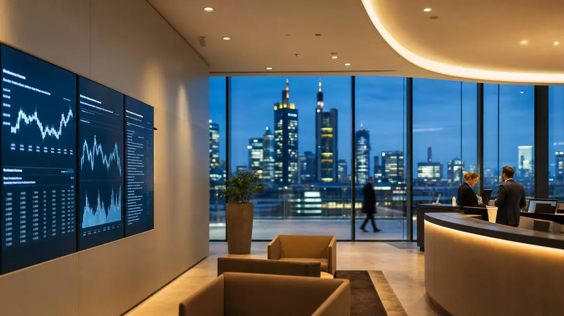Moderne Bankfiliale mit Blick auf Frankfurter Skyline am Abend