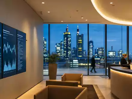 Commerzbank AG DE000CBK1001 zeigt moderne Bankfiliale mit Frankfurt-Skyline bei Abenddämmerung und digitalen Kursanzeigen - Foto: THN