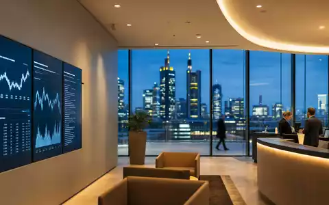 Commerzbank AG DE000CBK1001 zeigt moderne Bankfiliale mit Frankfurt-Skyline bei Abenddämmerung und digitalen Kursanzeigen - Foto: THN