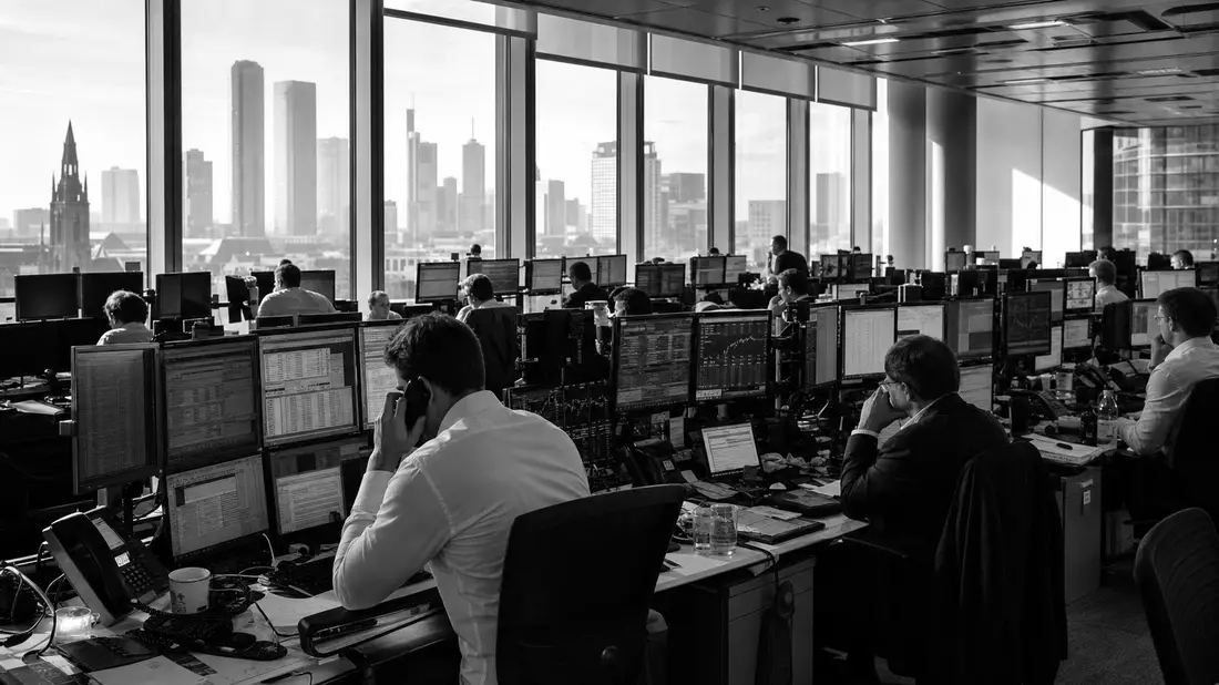 Schwarzweiß-Reportage eines belebten Trading-Floors mit Frankfurter Skyline