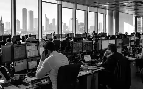 Commerzbank AG DE000CBK1001 dokumentiert Trading-Floor in Schwarzweiß mit Händlern vor zahlreichen Bildschirmen in Frankfurt - Foto: THN