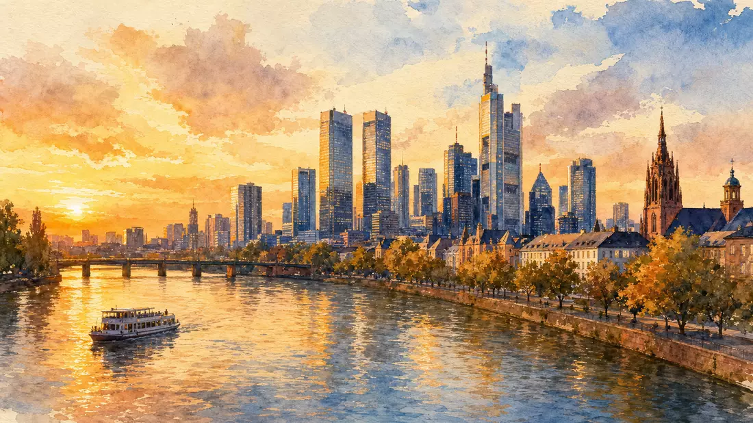 Aquarellmalerei der Frankfurter Skyline am Fluss bei Sonnenuntergang