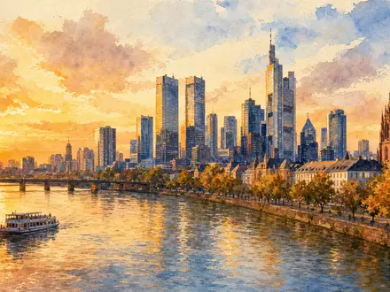Commerzbank AG DE000CBK1001 präsentiert Aquarell-Ansicht der Frankfurter Skyline mit Mainufer im goldenen Abendlicht - Foto: THN