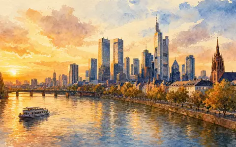 Commerzbank AG DE000CBK1001 präsentiert Aquarell-Ansicht der Frankfurter Skyline mit Mainufer im goldenen Abendlicht - Foto: THN