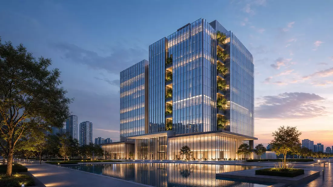 Architektonisches Render eines modernen Glas-Hochhauses mit grünen Terrassen