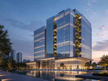 Commerzbank AG DE000CBK1001 illustriert modernen Glas-BĂŒroturm als Architektur-Render mit begrĂŒnten Terrassen und Abendbeleuchtung - Foto: THN