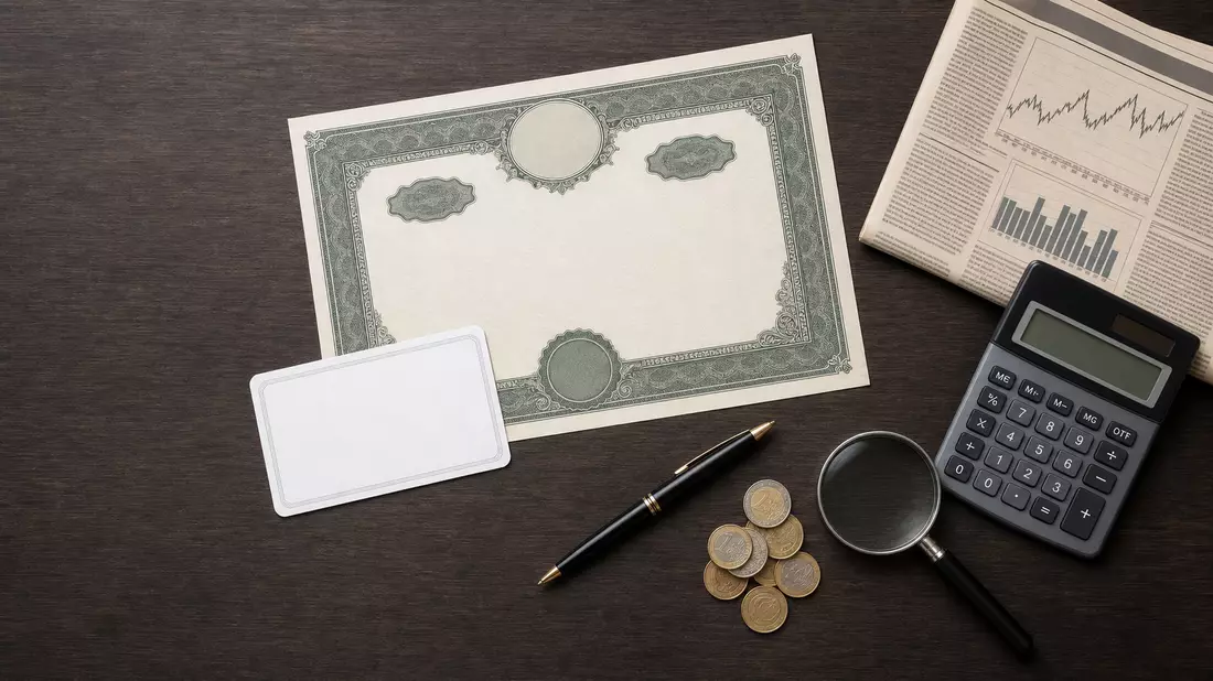 Flatlay-Arrangement mit Aktienzertifikat, Münzen und Finanzzeitung