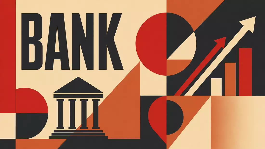 Geometrisches Bauhaus-Poster mit Bankgebäude-Symbol und Wachstumspfeilen