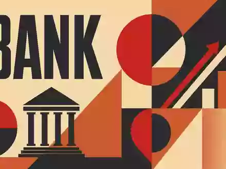 Commerzbank AG DE000CBK1001 wird als geometrisches Bauhaus-Poster mit Bankgebäude, Pfeilen und Sektor-Text BANK dargestellt - Foto: THN