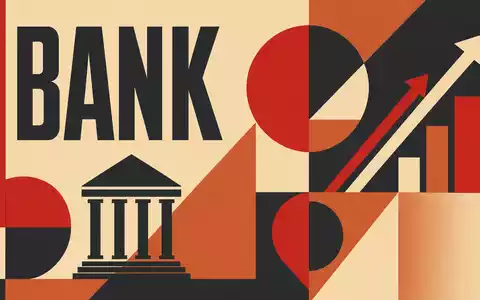 Commerzbank AG DE000CBK1001 wird als geometrisches Bauhaus-Poster mit Bankgebäude, Pfeilen und Sektor-Text BANK dargestellt - Foto: THN