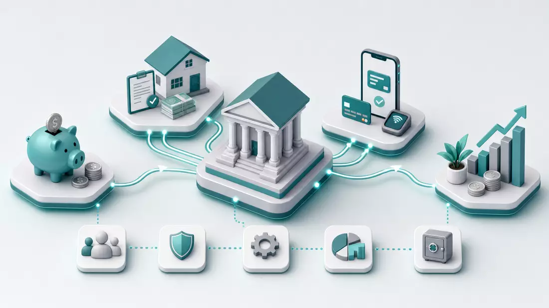 Isometrische 3D-Illustration einer Bank-Wertschöpfungskette mit Finanzsymbolen