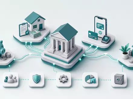 Commerzbank AG DE000CBK1001 visualisiert isometrische Wertschöpfungskette mit Sparen, Kredit, Zahlungsverkehr und Investment-Icons - Foto: THN