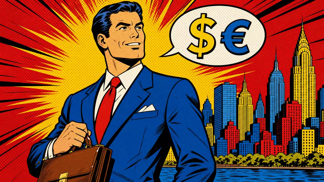 Pop-Art-Comic-Illustration eines Bankers vor bunter Skyline mit Währungszeichen
