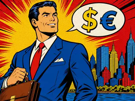 Commerzbank AG DE000CBK1001 präsentiert Pop-Art-Comic mit selbstbewusstem Banker vor stilisierter Skyline und Währungssymbolen - Foto: THN